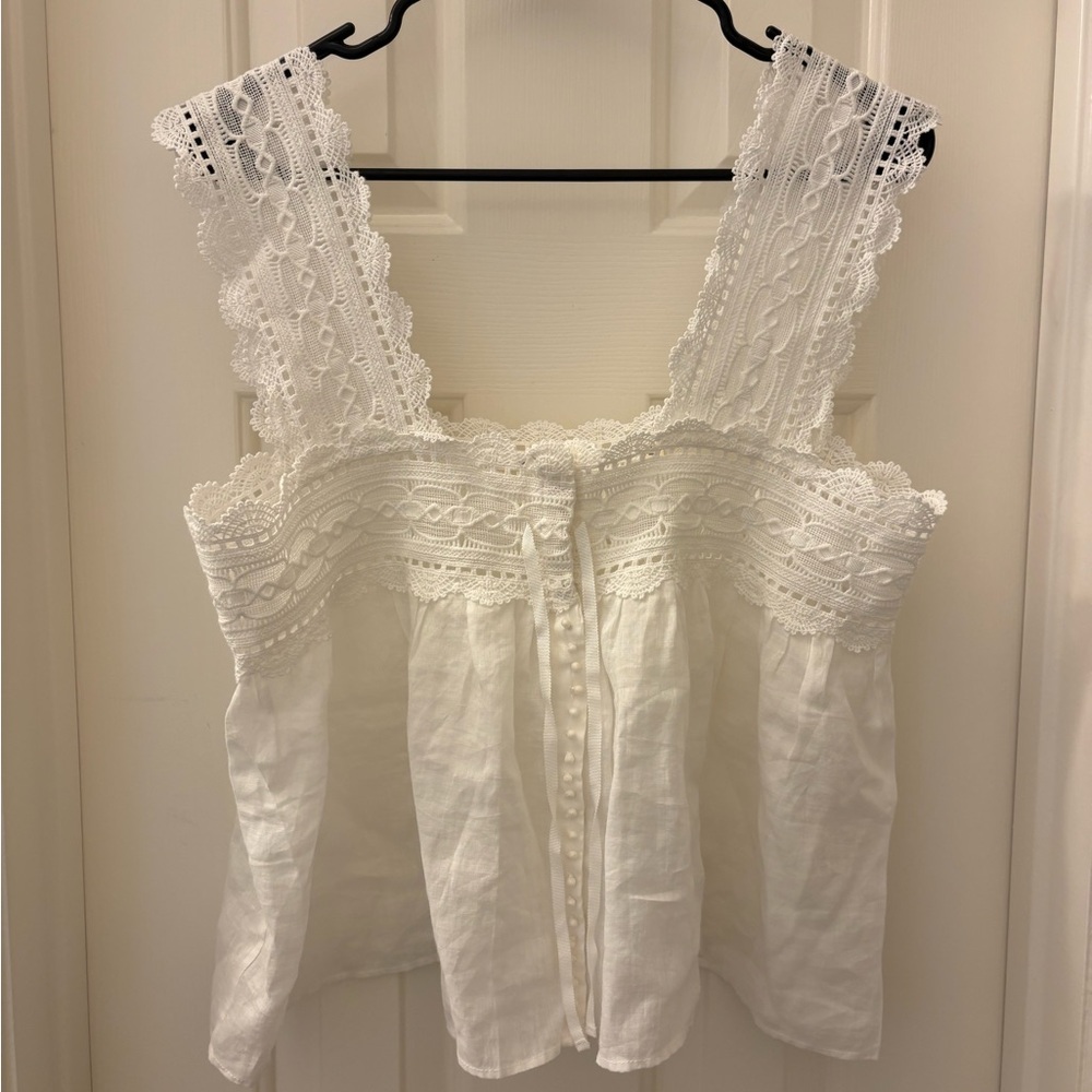 Doen White Lace-Trim Linen Tank Top